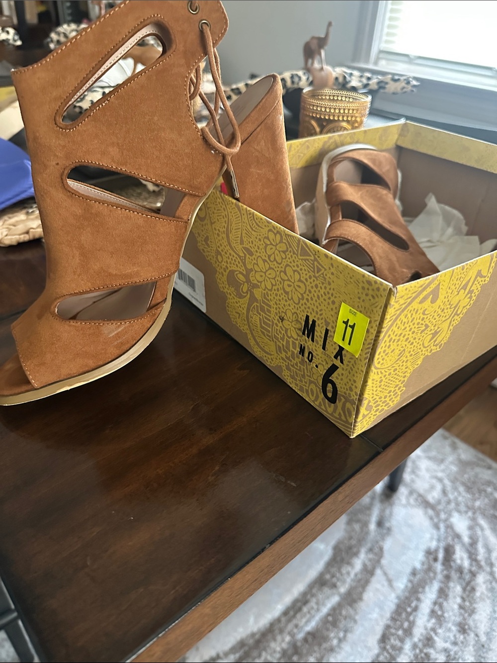 Suede Cutout Lace-Up Heeled Sandals in Tan